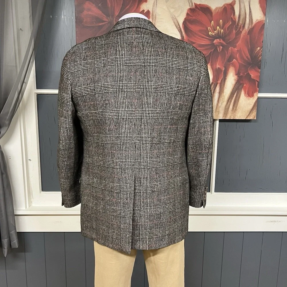 Vintage Nordstrom Camel‎ Hair Blazer Mens 40R Classic Fit Beige/Black/Red Plaid